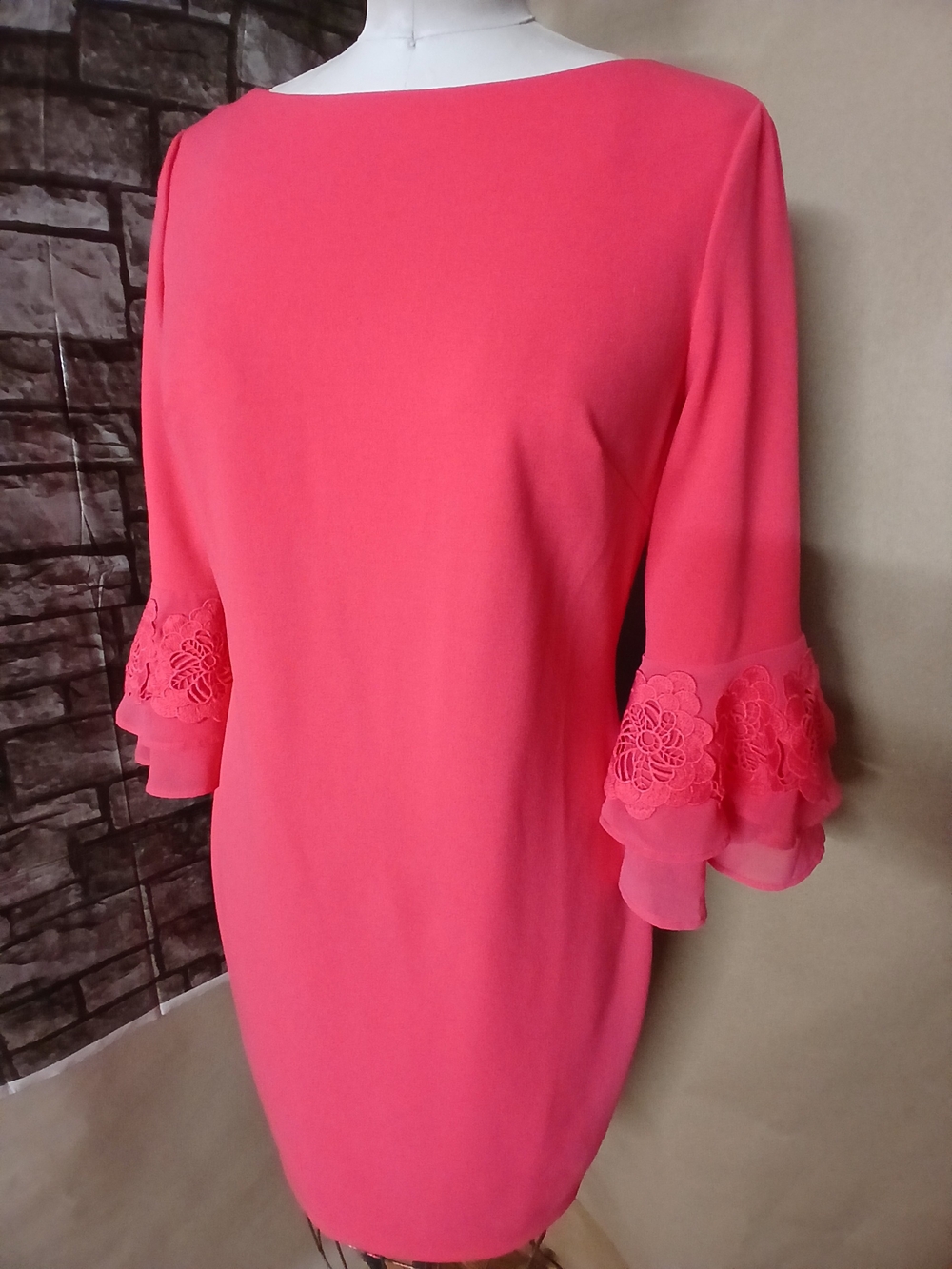 Calvin Klein Coral Pink Shift Dress with Lace Ruffle Sleeves
